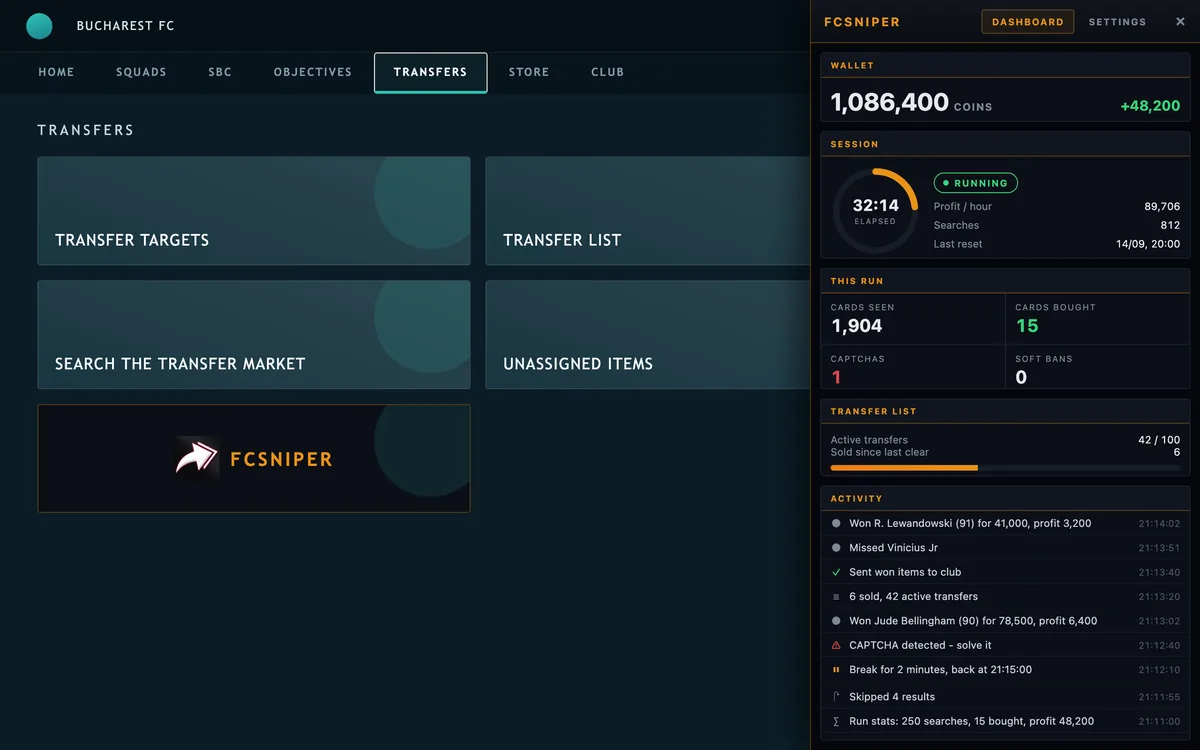 fcsniper panel open on the EA FC web app Transfers hub showing a live sniping run with 15 cards bought and 48,200 coins profit
