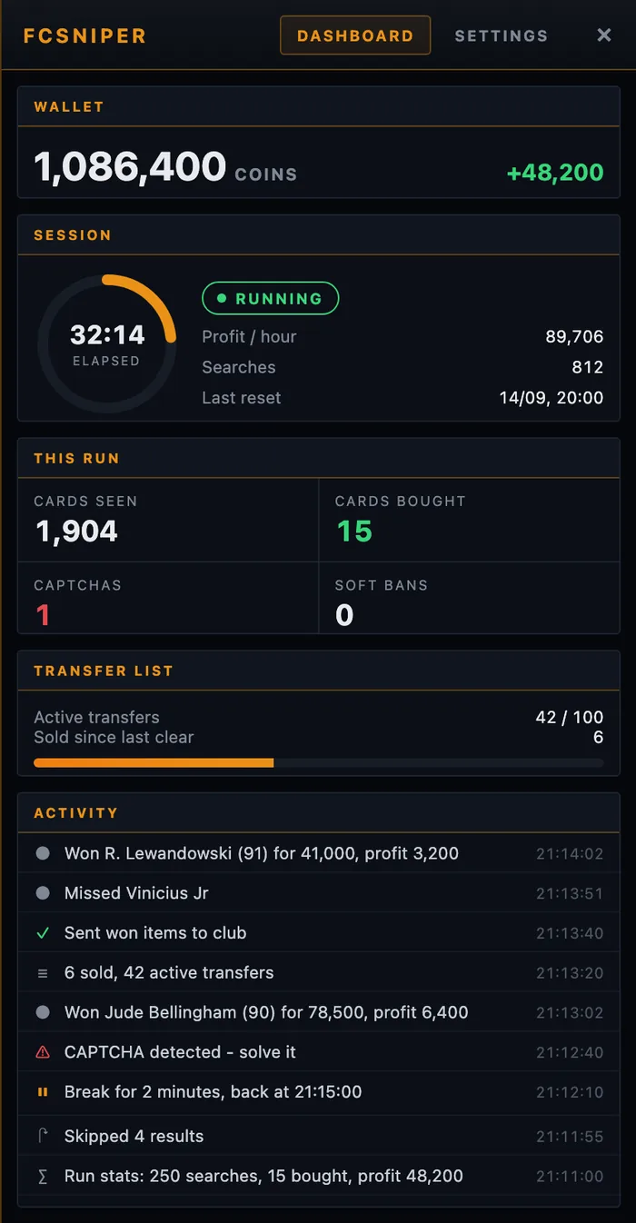 fcsniper live dashboard with wallet balance, session timer, cards seen and bought, transfer list capacity and activity log