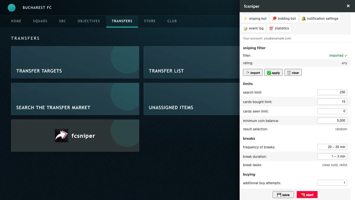 fcsniper settings menu showing sniping filter, stop conditions, break tasks and notification options