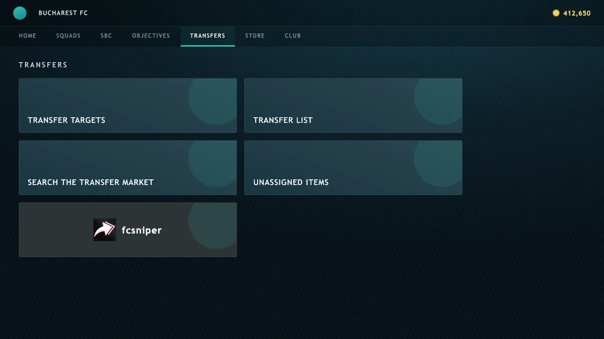 The EA FC web app Transfers hub with an fcsniper tile added next to Transfer Targets, Transfer List and Search the Transfer Market